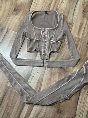 J.OUR Brown Mineral Wash Ribbed 2 Piece Set Hook & Eye Bustier Crop Top Leggings
